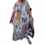 Naiste suvine kleit V kaelusega l&uuml;hikeste varrukatega, avara retrov&auml;rviga, etnilise tr&uuml;kiga pullover, pahkluu pikkusega, igap&auml;evaseks kandmiseks m&otilde;eldud maxi kleit 2XL valge
