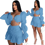 Naiste seelikukomplekt Solid Bandage Puff varrukatega Crop Tops Miniseelik, kaks 2-osalist komplekti Seksikad &ouml;&ouml;klubir&otilde;ivad, moer&otilde;ivad, s&uuml;gis XXL valge