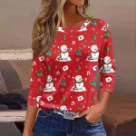 Naiste topid Seitsme varrukaga s&auml;rk &Uuml;mara kaelusega Vaba j&otilde;uluteemaline Lumememm J&otilde;ulupuu Prindiga T-s&auml;rk XL