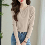 Spring and Autumn Solid Color T-shirt for Women's Autumn Style Long Sleeve Base Thin Velvet Slim Fit V-neck Top M roosa