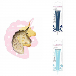 Kit pour biscuit en relief Licorne + 2 Stylos au chocolat bleu nuit et bleu pastel