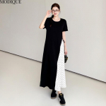 MODIQUE Summer Plus Size uued naiste lahtised elegantsed t&auml;ppitr&uuml;kiga kirjud pikk kleit Naiste vabaaja l&uuml;hikeste varrukatega o-kaelusega kleidid L must