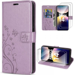 Coque + 2 Verres Tremp&eacute;s pour Xiaomi Redmi Note 14 Pro 5G (pas pour 4G) Protection Synth&eacute;cuir Motif Papillon Violet