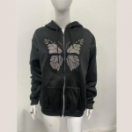 Y2K Vero dressipluus Losse Hoodie Vrouwen Zip Up Lange Mouwen Jas Punk Vrouwelijke Vintage Harajuku Grunge Kleding Strass Tasku M