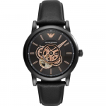 Emporio Armani Luigi L&auml;bipaistev Must Nahast Meeste Automaatne Skelett-kell AR60012 puhas