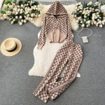 S&uuml;gistalvine vintage tr&uuml;kitud kirjaga kootud kampsun, spordidress, naiste mood, lukuga kapuutsiga mantel ja pahkluu p&uuml;ksid, kaheosaline komplekt One Size khaki