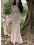 Elegantne pitsiline Maxi &uuml;hes t&uuml;kis kleit naiste pikkade varrukatega lapiline Seksikas klubi peokleit Daami soliidne moekleit Uus S beež