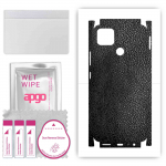 apgo Protective Skin Sticker for the back+sides compatible with Realme Narzo 30A, Full Wrap Film, Foil, Vinyl - Pattern Black Leather