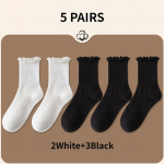5 paari/palju sokke naistele Ruffle puuvillane keskmine toru pahkluu l&uuml;hike hingav must valge komplekt kevad s&uuml;gis EUR 35-39