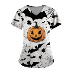 Suures suuruses tr&uuml;kitud Scrub t&ouml;&ouml;vormi topid Naistele V-kaelusega Halloweeni tr&uuml;kiga l&uuml;hikeste varrukatega l&otilde;busad T-s&auml;rgid taskutega t&ouml;&ouml;riiete T-s&auml;rk L must