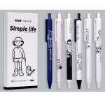 6 tk Simple Life Geelpliiatsite komplekt Cartoon Design Click Type 0,5mm Ballpoint must v&auml;rviline tint kirjutamiseks