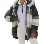 Brand Women's Autumn and Winter Plush Jacket Loose Long-sleeved Color Block Hooded Zipper Jacket M punane