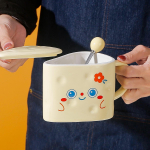Creative Mug Cartoon Cheese Cup Ceramic Cup Cute with Lid Spoon Gift Coffee Couple Water Cup 401-500ml