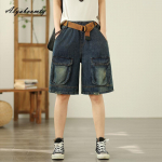 Korea Mood Suvi Naiste Vabaaja L&otilde;dvad Caprid Elastne V&ouml;&ouml;koht Tume Sinised Denim P&uuml;ksid Vintage Pesemata Puuvillased L&uuml;hikesed teksap&uuml;ksid V&ouml;&ouml;ga M