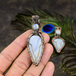 Blue Lace Agate, Moonstone Copper Wire Wrap Jewelry Pendant 2.76 p7a57