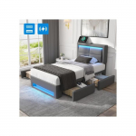 Polsterdatud voodi - MUVOE - 90x200 cm - USB-pordiga - LED-valgustus - 4 halli sahtlit hall