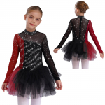 T&uuml;drukute iluuisutamise kleit pikkade varrukatega s&auml;delevate strassidega v&auml;rviplokk lappidega laval esinemiseks 13-14 Years burgundiapunane