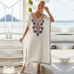 Must Vintage Tikitud Pikk Kaftan Vabaaja V-kaelusega Maxi Kleit Suvised R&otilde;ivad Naistele Rannariided Ujumistrikoo Kate KTB One size valge