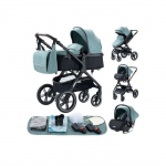 BAZARLAND30.Poussette 3 en 1 B&eacute;b&eacute; Combin&eacute;e Si&egrave;ge-Auto Nacelle Trio R&eacute;versible R&eacute;glable Haute Qualit&eacute; Roues increvables Canne. Vert roheline
