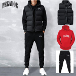 Meeste uus s&uuml;gis- ja talvem&uuml;&uuml;k &uuml;hev&auml;rvilise kirjaga tr&uuml;kitud kapuutsiga + vest + p&uuml;ksid vabaaja spordipaar, kolmeosaline komplekt S black
