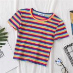Uus T-s&auml;rk naiste vikerkaare triibulised topid Slim Fit t-s&auml;rk Harajuku T-s&auml;rk Suvine l&uuml;hikeste varrukatega Korea T-s&auml;rk naiselik riided Topid L