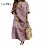 Uus puuvillasest linasest l&otilde;ngast v&auml;rvitud triibuline avar pikk kleit S hall v&auml;rv