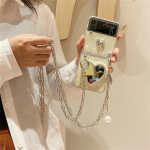 Koreancrossbody Pearl Metal Lanyar Love Heart Mirror l&auml;bipaistev &uuml;mbris Samsung Galaxy Z Flip 3 4 Z Flip 4 Z Flip 4 tagakaas for Flip 4