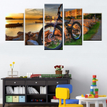 Seinakunst l&otilde;uendimaal 5 paneeli m&auml;gijalgrataste v&otilde;idus&otilde;it Seinakunst jalgratas p&auml;ikeseloojang maastikuplakat Elutoa sisekujundus pilt ilma raamita 20x35cm*2 20x45cm*2 20x55cm*1