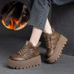 Johnature ehtsast nahast paksu tallaga pl&uuml;&uuml;s, soe paeltega lameda platvormiga kingad Retro vabaaja naiste l&uuml;hikesed saapad 37-Plush khaki