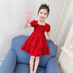 Lastele t&uuml;drukutele armas suvine polka p&auml;ikesekleit Prantsuse stiilne A-jooneline volangidega l&uuml;hikeste varrukatega kleit peole s&uuml;nnip&auml;evakingiks 48 punane