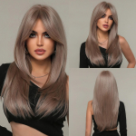 LOUIS FERRE Ombre Dark Brown to Light Grey Long Straight Hair With Bangs Natural Layered Silver Gray Wig for Women Daily Cosplay