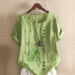 Naiste mood, &uuml;mara kaelusega l&uuml;hikeste varrukatega T-s&auml;rk vabaaja puuvillane linane graafiline s&auml;rk vaba aja veetmiseks, roheliste lehtedega prinditud suvepluusid S roosa