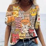 Cartoon Kitten Naiste T-s&auml;rk Harajuku riided Suvised V-kaelusega t&uuml;drukud Pullover Puuvillane l&uuml;hikeste varrukatega T-s&auml;rgid Naiste vabaaja t&auml;navar&otilde;ivad S