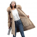 Naiste talvejope karvane kapuuts Pikad varrukad taskud p&otilde;lvedeni pluss t&otilde;mbluku ja n&ouml;&ouml;biga suletav paks pl&uuml;&uuml;s vooder puuvillane mantel keskmise pikkusega L khaki