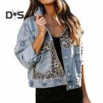 Naiste teksajakk, leopard, pikad varrukad, lahtised n&ouml;&ouml;bitasku, alla keeratud krae, vabaaja s&uuml;gistalvine naiste mantel Naiste riided v&auml;lisr&otilde;ivad M sinine