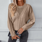 Naiste vabaaja &uuml;hev&auml;rviline &otilde;&otilde;nes retrokujuline keerdkootud pikkade varrukatega kampsun S khaki