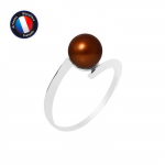 PERLINEA - Bague V&eacute;ritable Perle de Culture d'Eau Douce Ronde 7-8 mm - Colori Chocolat - Or Blanc - Bijou Femme
