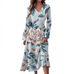 Naiste s&uuml;gis- ja talvine vabaajamoe V-kaelusega pikkade varrukatega triibuga pikk kleit, mis sobib igap&auml;evaseks ja pidulikuks kandmiseks L sinine