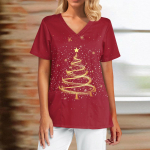 Women's fashionable Christmas printed short sleeved V-neck top with small pockets T-shirt XXL