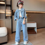 Kevad S&uuml;gis T&uuml;drukute Riiete Komplekt Jakk ja P&uuml;ksid Denim &Uuml;likonnad Riietus Teismelistele 6 8 12 Aasta Laste Riided Koolilapsed 170 sinine