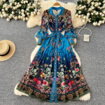 Kevadsuvi naiste br&auml;ndidisainer, vintage printiga &scaron;ifoonist Runway kleit, lahtik&auml;iva kraega pikk maxi s&auml;rk peokleidid M sinine