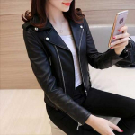 Naiste l&uuml;hike PU nahast mootorratta jope - Slim Fit, Korea stiil, kevad/s&uuml;gis M must