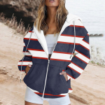 Naiste pikkade varrukatega triibuline lapiline tr&uuml;kitud kampsun, tasku lukuga kapuutsiga jakk L