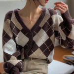 Y2K &uuml;lisuur naiste silmkoeline jakk Vintage Argyle kardigan kampsun Korea stiilis ruuduline &uuml;herealine s&uuml;gisene džemper L