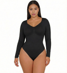 Sileda kujuga V-kaelusega V&ouml;&ouml;kohta kitsendav K&otilde;htu sisse t&otilde;mbav Pikkade varrukatega T-string Bodysuit Extra Large must