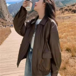 Vintage PU nahkjakk naistele kevad s&uuml;gis retro must pruun vabaaja mood lukuga l&uuml;hike lai nahast moto biker mantel XXXL pruun
