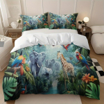 DžungliloomadePapagoiElevandGiraff Mustriga Udusule Tekikott Komplekt - Moodne Klassikaline Populaarne Digitaalselt Tr&uuml;kitud Voodipesu Komplekt EU Single(135*200cm)3pcs