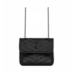 Saint Laurent YSL Niki Seeria Black Label Logo Kett Volditud Nahast &Otilde;la Crossbody K&otilde;rvaklappide Kott Naiste Kotid 710844-0EN04-1000 Box(Basic Set+Box)