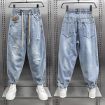 Meeste teksap&uuml;ksid Mood Vabaaja Jooksja Harem Denim P&uuml;ksid Hip Hop Elastne V&ouml;&ouml;koht Kirjatr&uuml;kiga Teksap&uuml;ksid Meeste P&uuml;ksid 2025 Kevad Uus L sinine