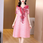 Volditav suvekleit naistele 2022 uus tipptasemel v&auml;lismaise vaba v kaelusega l&uuml;hikeste varrukatega vabaajaprint, &otilde;huke M roosa